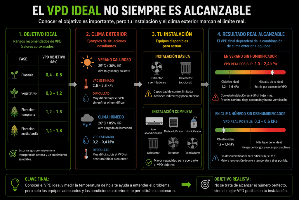 Ejemplo práctico de ajuste de humedad y temperatura para acercar el VPD real al rango recomendado.