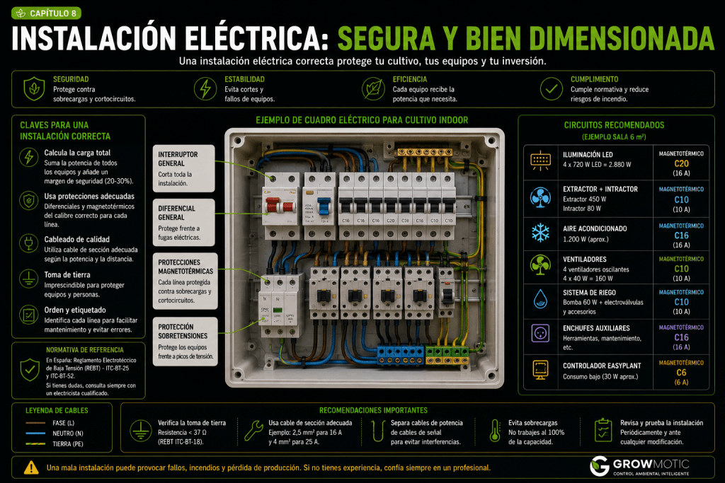 Esquema de una instalación eléctrica segura para un cultivo indoor con cuadro eléctrico y protecciones independientes.
