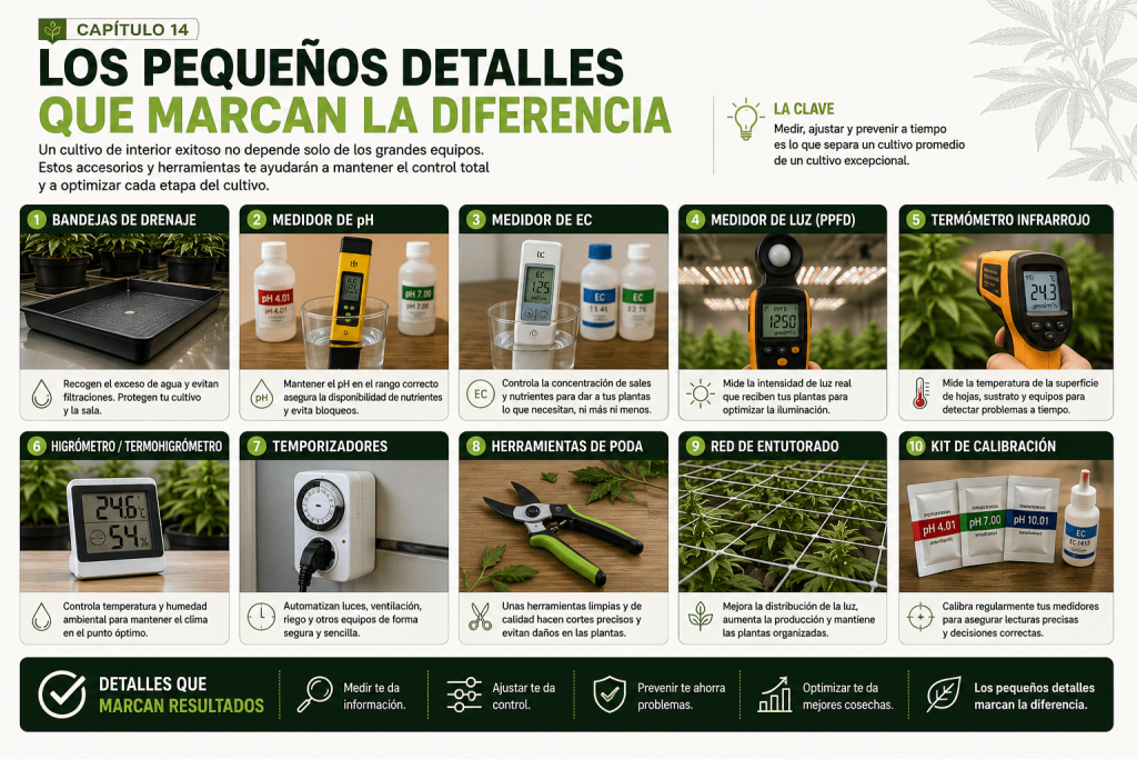 Accesorios recomendados para un cultivo indoor: medidor de pH, medidor EC, PPFD, termómetro y bandejas de drenaje.