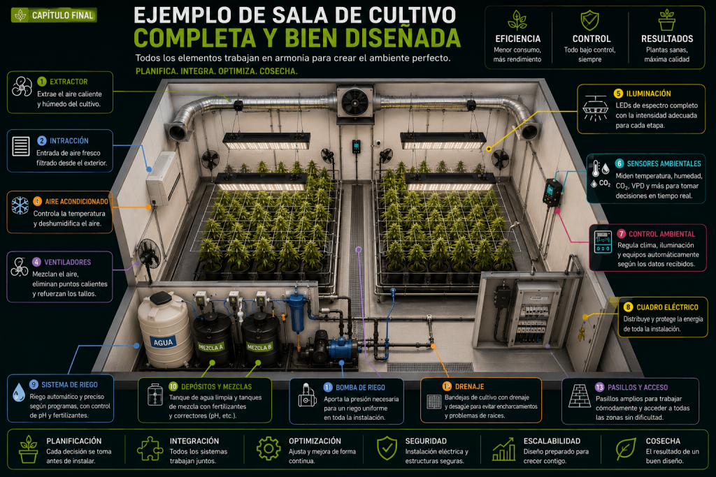 Ejemplo de una sala de cultivo indoor bien diseñada con distribución optimizada de iluminación, climatización, ventilación y riego.