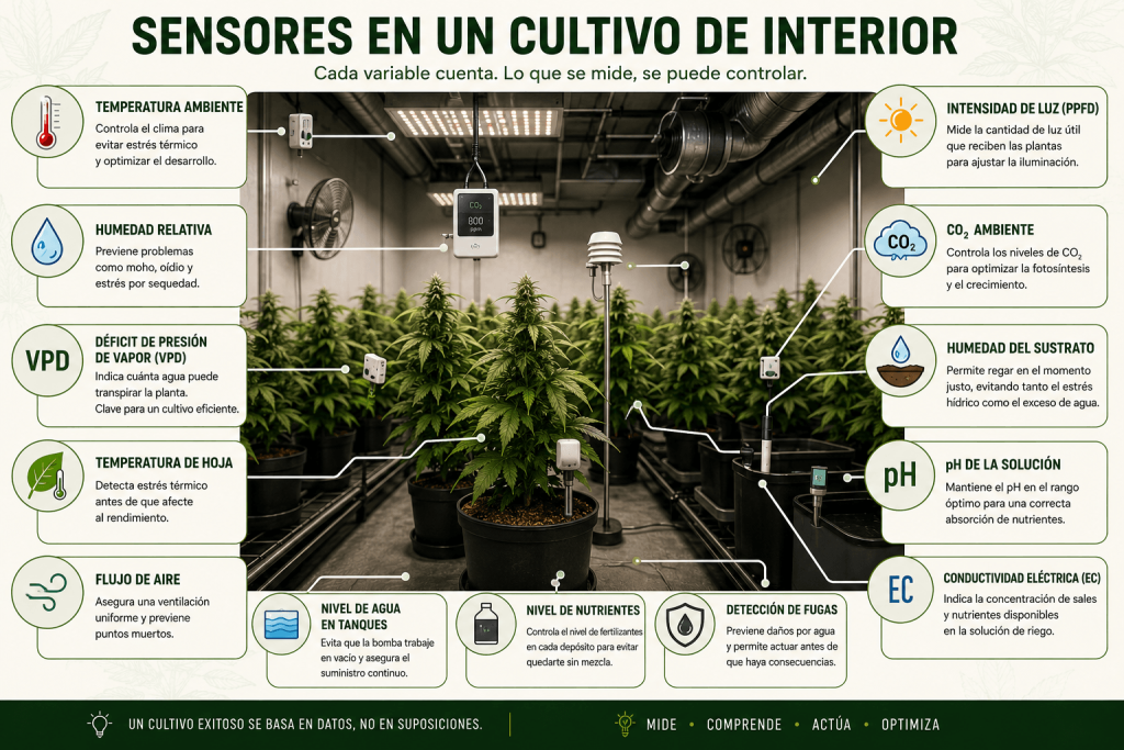 Sensores recomendados para controlar temperatura, humedad, sustrato, pH, EC, CO₂ y nivel de depósitos en un cultivo indoor.